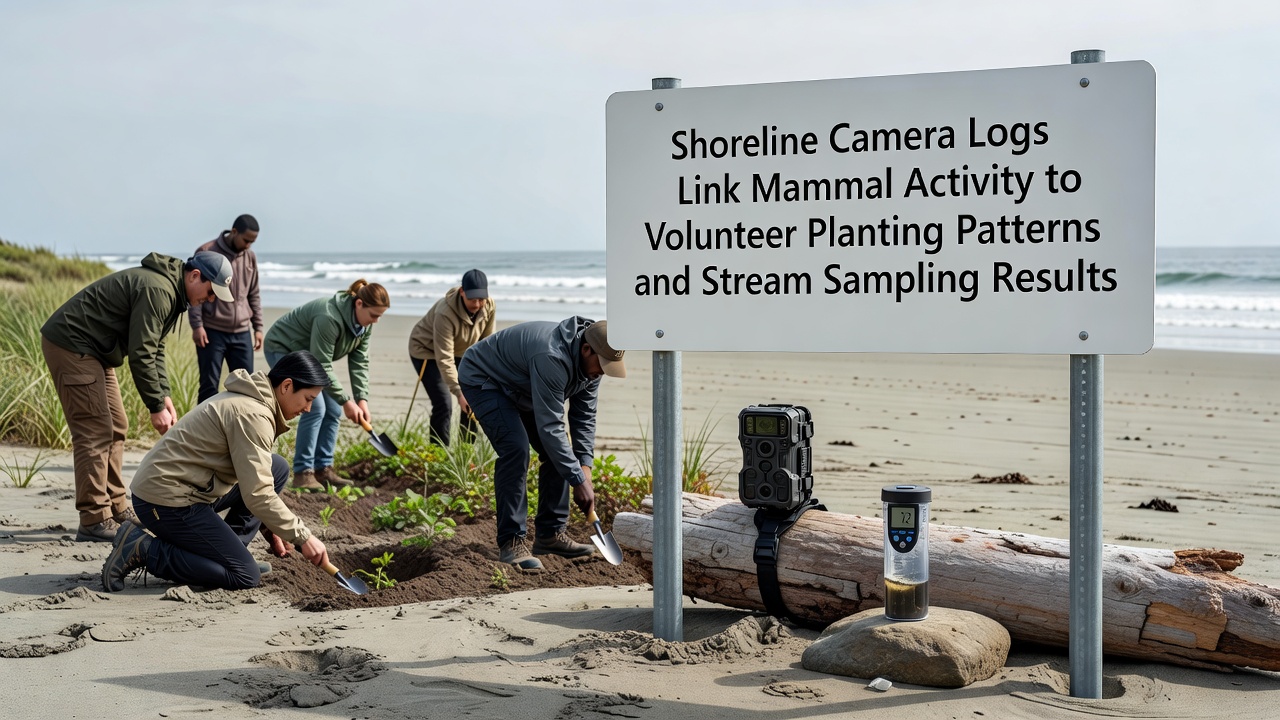 Stream sampling equipment positioned near camera-monitored shoreline with visible native plantings